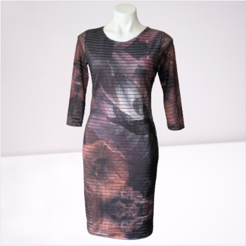 DESIGUAL Rosa Glam Abstract Floral Stripe Midi Sheath Dress M NWT